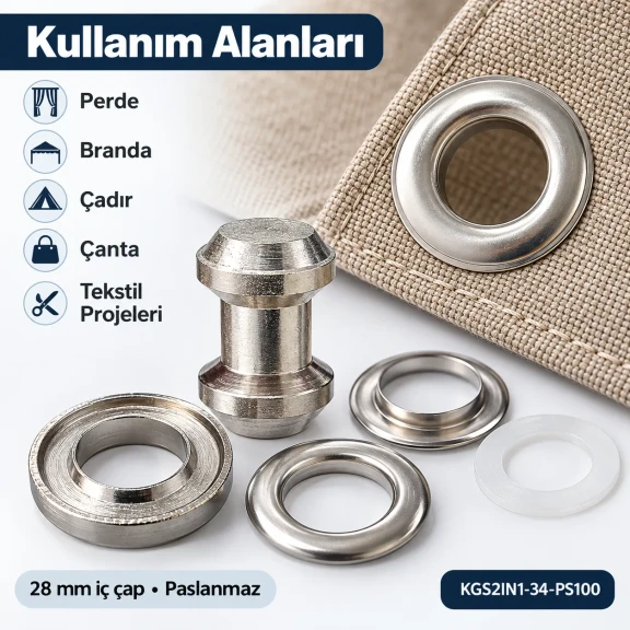 28 mm 34 No Paslanmaz Kuşgözü Elde Vurmalı Delme ve Çakma Seti – 100 Takım + Aparat KGS2IN1-34-PS100