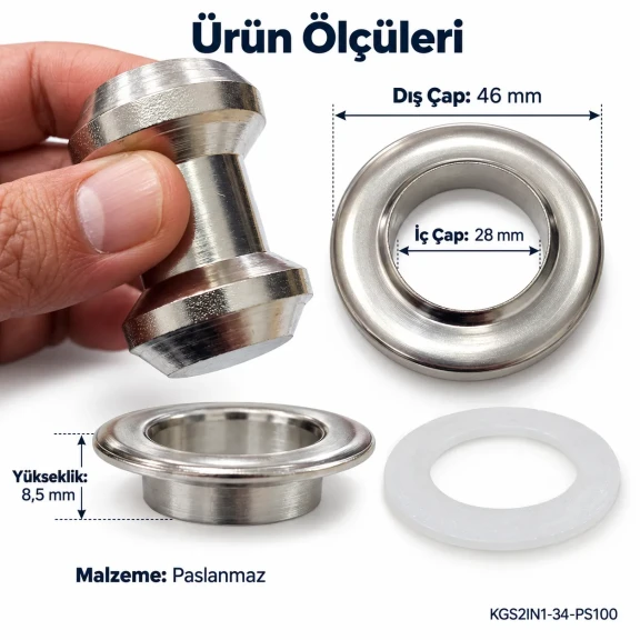 28 mm 34 No Paslanmaz Kuşgözü Elde Vurmalı Delme ve Çakma Seti – 100 Takım + Aparat KGS2IN1-34-PS100