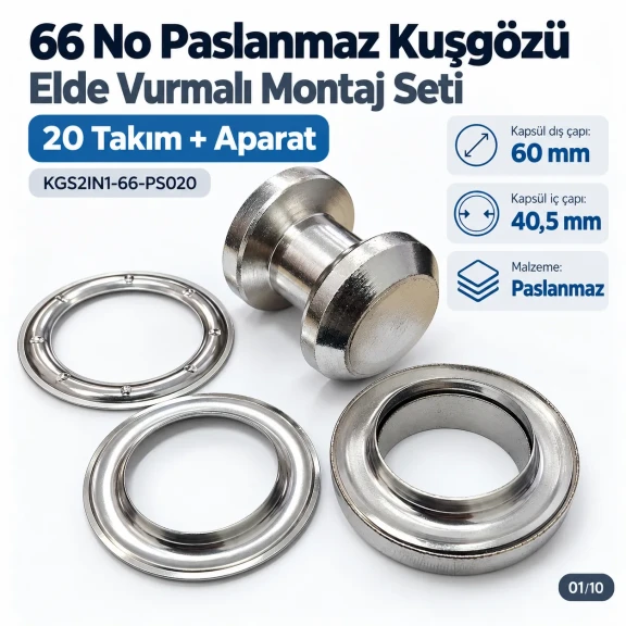 40 mm (1.57 in) Stainless Steel Eyelet Hand Punch and Setting Kit – 20 Sets + Tool KGS2IN1-66-PS020