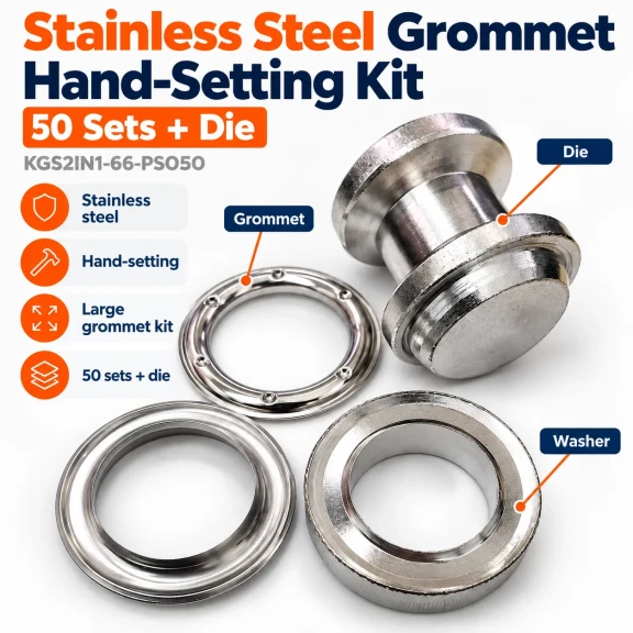 40 mm (1.57 in) Stainless Steel Eyelet Punch and Setting Kit – 50 Sets + Tool KGS2IN1-66-PS050