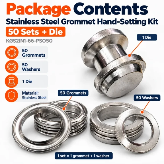 40 mm (1.57 in) Stainless Steel Eyelet Punch and Setting Kit – 50 Sets + Tool KGS2IN1-66-PS050