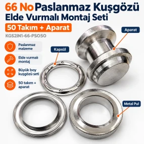 40 mm 66 No Paslanmaz Kuşgözü Elde Vurmalı Montaj Seti – 50 Takım + Aparat KGS2IN1-66-PS050