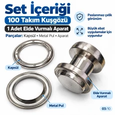 40 mm 66 No Paslanmaz Kuşgözü Elde Vurmalı Delme ve Çakma Seti – 100 Takım + Aparat KGS2IN1-66-PS100