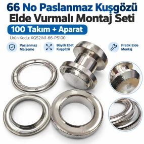 40 mm 66 No Paslanmaz Kuşgözü Elde Vurmalı Delme ve Çakma Seti – 100 Takım + Aparat KGS2IN1-66-PS100