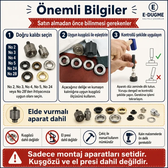 Kuşgözü Çakma Aparatları Seti – No 2’den No 28’e Montaj Kalıpları ve Elde Vurma Aparatı Dahil KLP002-028SET