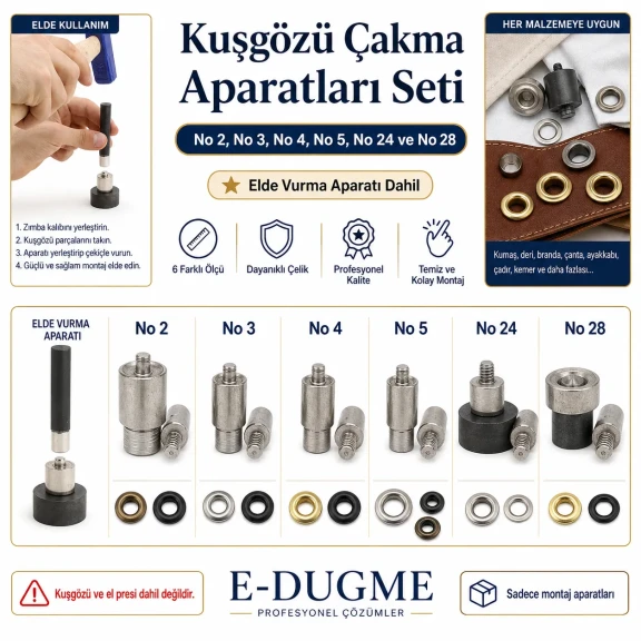 Kuşgözü Çakma Aparatları Seti – No 2’den No 28’e Montaj Kalıpları ve Elde Vurma Aparatı Dahil KLP002-028SET
