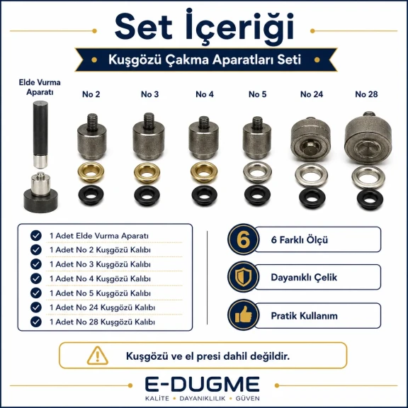 Kuşgözü Çakma Aparatları Seti – No 2’den No 28’e Montaj Kalıpları ve Elde Vurma Aparatı Dahil KLP002-028SET