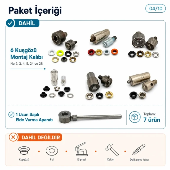 Kuşgözü Çakma Aparatları Seti – No 2’den No 28’e Montaj Kalıpları ve Elde Vurma Aparatı Dahil KLP002-028SET