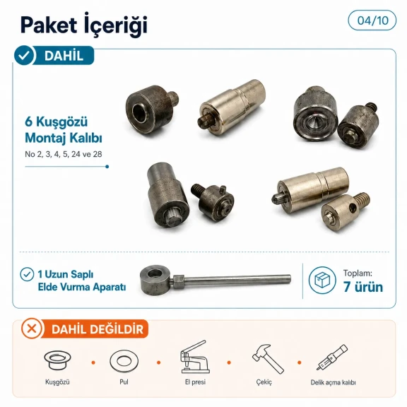 Kuşgözü Çakma Aparatları Seti – No 2’den No 28’e Montaj Kalıpları ve Elde Vurma Aparatı Dahil KLP002-028SET