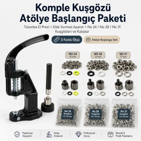 Komple Kuşgözü Atölye Başlangıç Paketi – 10 mm, 13 mm, 17 mm Kuşgözü + Delme ve Çakma Kalıpları + Tulumba El Presi KOMPLE-ATOLYE-KUSGOZU-SET12