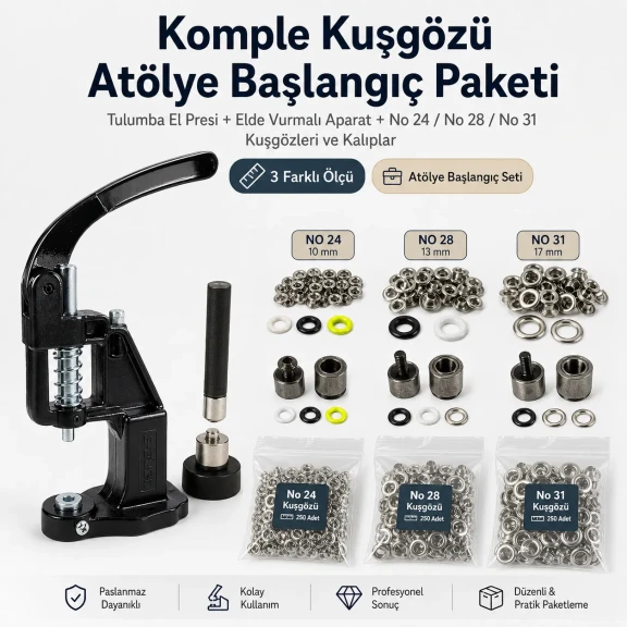 Komple Kuşgözü Atölye Başlangıç Paketi – Tulumba El Presi, 10 mm, 13 mm ve 17 mm Kuşgözü Dahil KOMPLE-ATOLYE-KUSGOZU-SET12