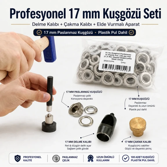 Profesyonel 17 mm Kuşgözü Seti – Kuşgözü, Delme Kalıbı, Çakma Kalıbı ve Elde Aparat Dahil KUSGOZU-17MM-SET04
