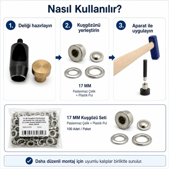 Profesyonel 17 mm Kuşgözü Seti – Kuşgözü, Delme Kalıbı, Çakma Kalıbı ve Elde Aparat Dahil KUSGOZU-17MM-SET04