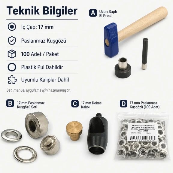 Profesyonel 17 mm Kuşgözü Seti – Kuşgözü, Delme Kalıbı, Çakma Kalıbı ve Elde Aparat Dahil KUSGOZU-17MM-SET04