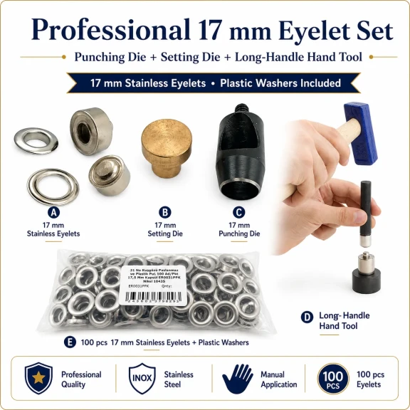 Profesyonel 17 mm Kuşgözü Seti – Kuşgözü, Delme Kalıbı, Çakma Kalıbı ve Elde Aparat Dahil KUSGOZU-17MM-SET04