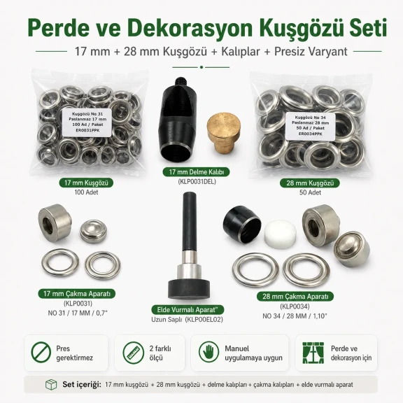 Perde ve Dekorasyon Kuşgözü Seti – 17 mm ve 28 mm Kuşgözü, Kalıplar Dahil Presiz Set PERDE-17-28MM-PRESIZ-SET10