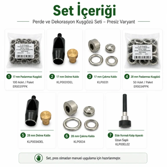 Perde ve Dekorasyon Kuşgözü Seti – 17 mm ve 28 mm Kuşgözü, Kalıplar Dahil Presiz Set PERDE-17-28MM-PRESIZ-SET10