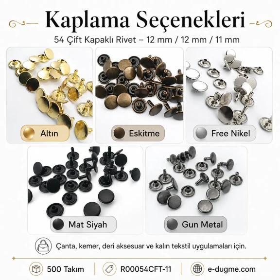 54 Çift Kapaklı Rivet 12 mm Kapak ve Alt Kapak, 7,5 mm Bacak, Saç Malzeme Perçin - 500 Takım R00054CFT