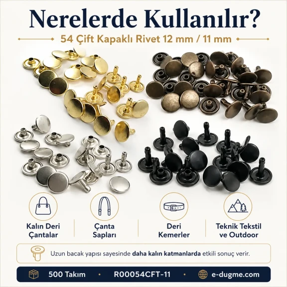 54 Çift Kapaklı Rivet 12 mm Kapak ve Alt Kapak, 7,5 mm Bacak, Saç Malzeme Perçin - 500 Takım R00054CFT