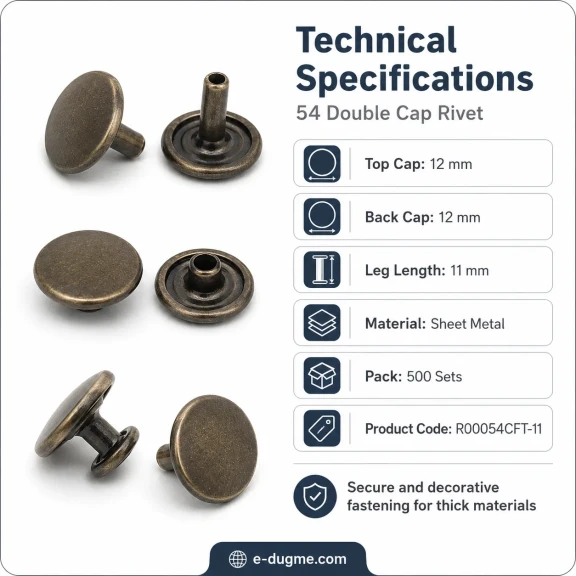 54 Çift Kapaklı Rivet 12 mm Kapak ve Alt Kapak, 7,5 mm Bacak, Saç Malzeme Perçin - 500 Takım R00054CFT