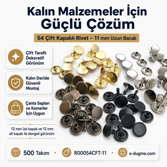 54 Çift Kapaklı Rivet 12 mm Kapak ve Alt Kapak, 7,5 mm Bacak, Saç Malzeme Perçin - 500 Takım R00054CFT