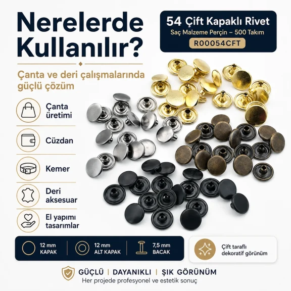 54 Çift Kapaklı Rivet 12 mm Kapak - 7,5 mm Bacak Saç Malzeme Perçin, 500 Takım, Çanta, Deri, Tekstil Aksesuarları için