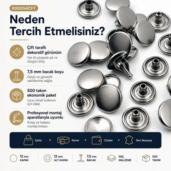 54 Çift Kapaklı Rivet 12 mm Kapak - 7,5 mm Bacak Saç Malzeme Perçin, 500 Takım, Çanta, Deri, Tekstil Aksesuarları için