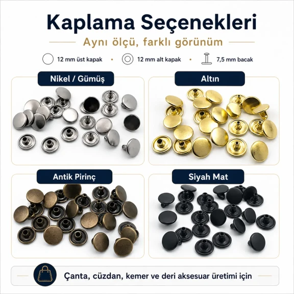 54 Çift Kapaklı Rivet 12 mm Kapak - 7,5 mm Bacak Saç Malzeme Perçin, 500 Takım, Çanta, Deri, Tekstil Aksesuarları için