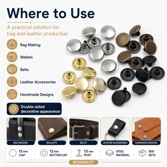 54 Çift Kapaklı Rivet 12 mm Kapak - 7,5 mm Bacak Saç Malzeme Perçin, 500 Takım, Çanta, Deri, Tekstil Aksesuarları için
