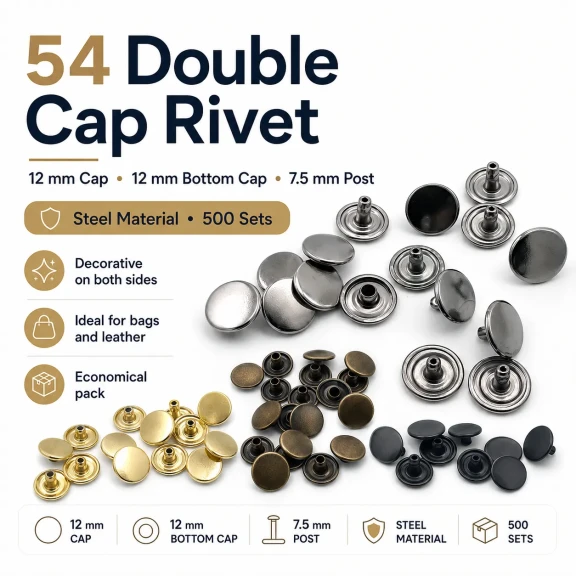 54 Çift Kapaklı Rivet 12 mm Kapak - 7,5 mm Bacak Saç Malzeme Perçin, 500 Takım, Çanta, Deri, Tekstil Aksesuarları için