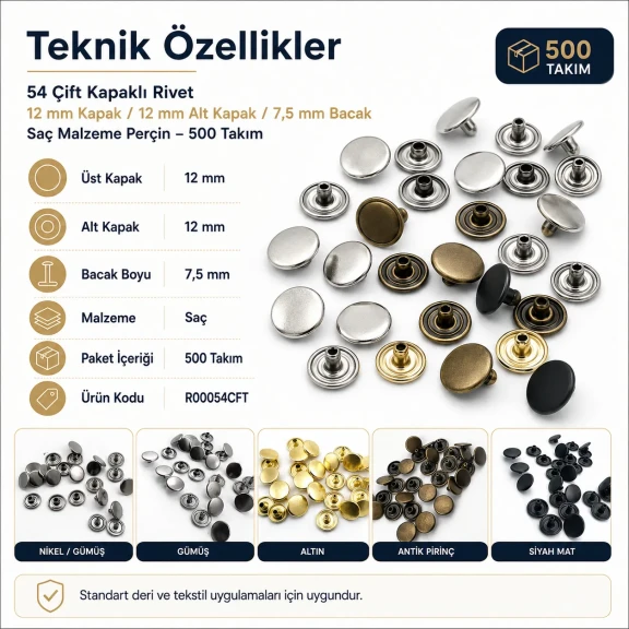 54 Çift Kapaklı Rivet 12 mm Kapak - 7,5 mm Bacak Saç Malzeme Perçin, 500 Takım, Çanta, Deri, Tekstil Aksesuarları için