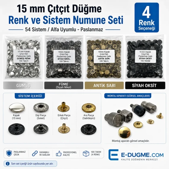 15 mm Paslanmaz Çıtçıt Düğme Seti – 4 Renk 400 Adet + 54 Sistem Kamalı Uygulama Aparatı SET-15MM-CITCIT-400