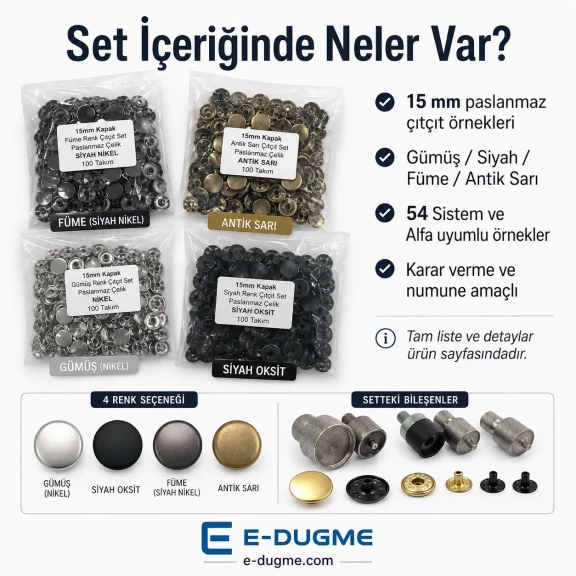 15 mm Paslanmaz Çıtçıt Düğme Seti – 4 Renk 400 Adet + 54 Sistem Kamalı Uygulama Aparatı SET-15MM-CITCIT-400