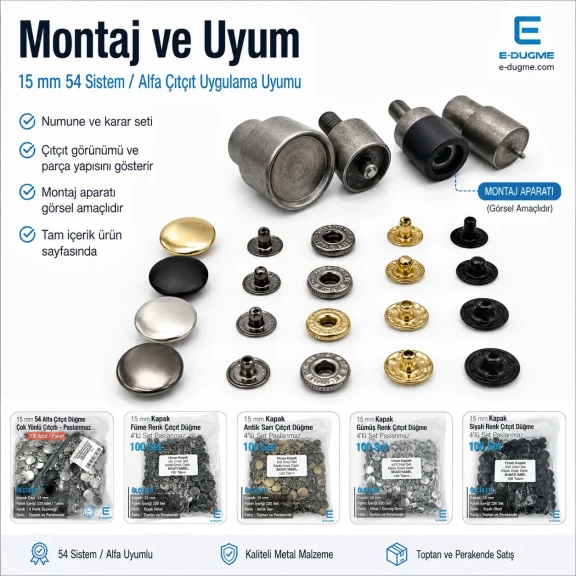 15 mm Paslanmaz Çıtçıt Düğme Seti – 4 Renk 400 Adet + 54 Sistem Kamalı Uygulama Aparatı SET-15MM-CITCIT-400