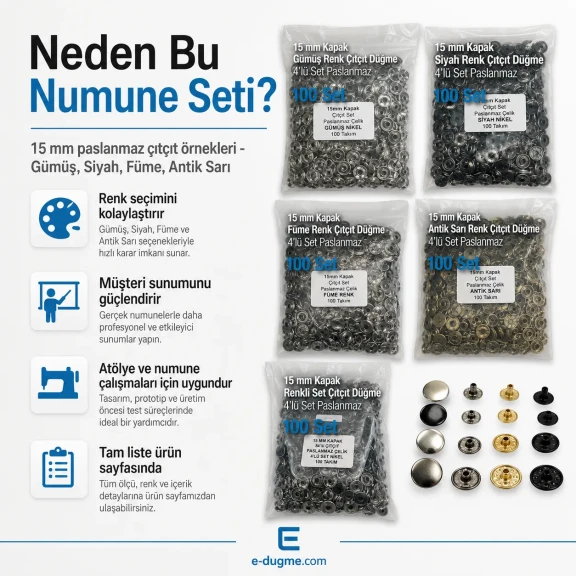 15 mm Paslanmaz Çıtçıt Düğme Seti – 4 Renk 400 Adet + 54 Sistem Kamalı Uygulama Aparatı SET-15MM-CITCIT-400