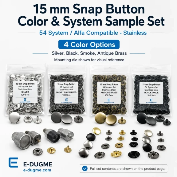 15 mm Paslanmaz Çıtçıt Düğme Seti – 4 Renk 400 Adet + 54 Sistem Kamalı Uygulama Aparatı SET-15MM-CITCIT-400