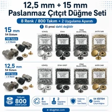 12,5 mm + 15 mm Paslanmaz Çıtçıt Renk ve Uygulama Seti – 8 Renk / 800 Takım + 2 Kalıp Dahil – El Presi Hariç SET-CITCIT-125-15-8RENK-800-KLP