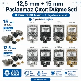 12,5 mm + 15 mm Paslanmaz Çıtçıt Renk ve Uygulama Seti – 8 Renk / 800 Takım + 2 Kalıp Dahil – El Presi Hariç SET-CITCIT-125-15-8RENK-800-KLP