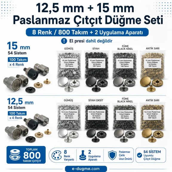 12,5 mm + 15 mm Paslanmaz Çıtçıt Renk ve Uygulama Seti – 8 Renk / 800 Takım + 2 Kalıp Dahil – El Presi Hariç SET-CITCIT-125-15-8RENK-800-KLP
