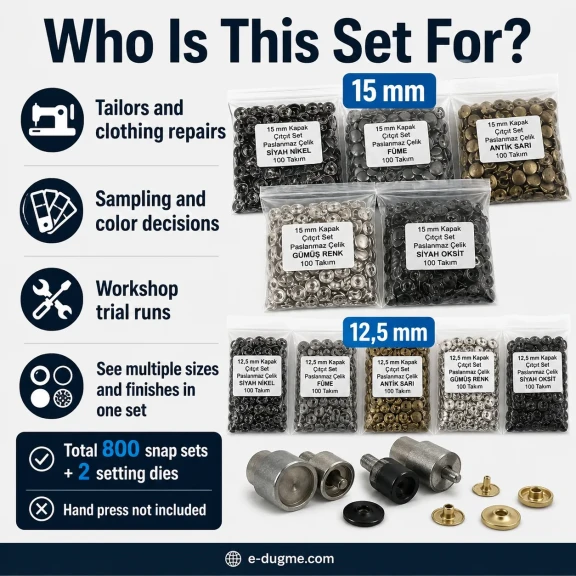 12,5 mm + 15 mm Paslanmaz Çıtçıt Renk ve Uygulama Seti – 8 Renk / 800 Takım + 2 Kalıp Dahil – El Presi Hariç SET-CITCIT-125-15-8RENK-800-KLP