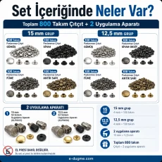 12,5 mm + 15 mm Paslanmaz Çıtçıt Renk ve Uygulama Seti – 8 Renk / 800 Takım + 2 Kalıp Dahil – El Presi Hariç SET-CITCIT-125-15-8RENK-800-KLP