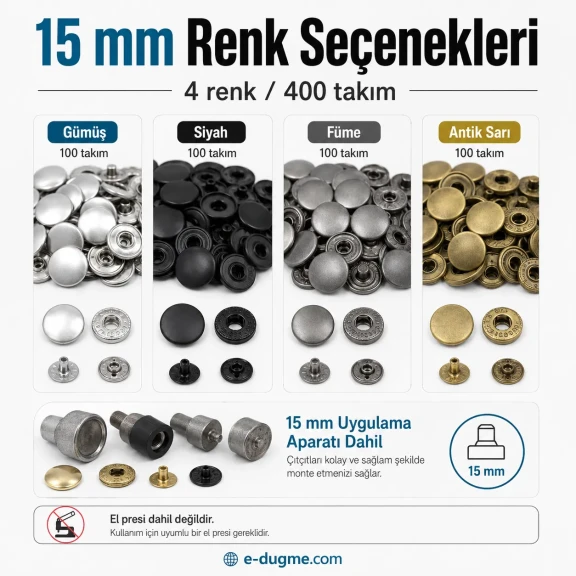 12,5 mm + 15 mm Paslanmaz Çıtçıt Renk ve Uygulama Seti – 8 Renk / 800 Takım + 2 Kalıp Dahil – El Presi Hariç SET-CITCIT-125-15-8RENK-800-KLP