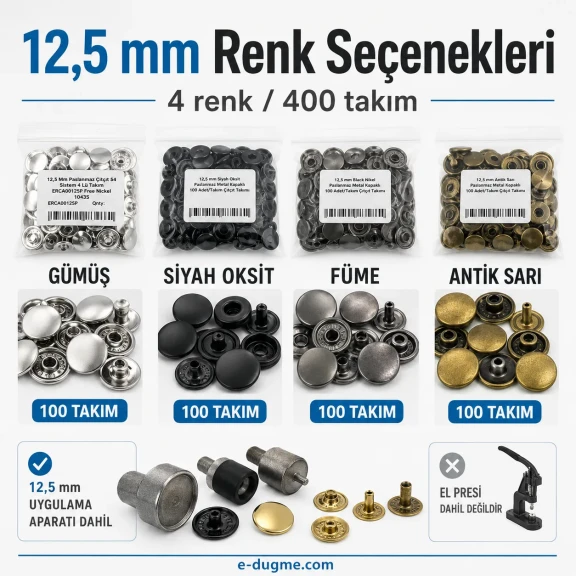 12,5 mm + 15 mm Paslanmaz Çıtçıt Renk ve Uygulama Seti – 8 Renk / 800 Takım + 2 Kalıp Dahil – El Presi Hariç SET-CITCIT-125-15-8RENK-800-KLP