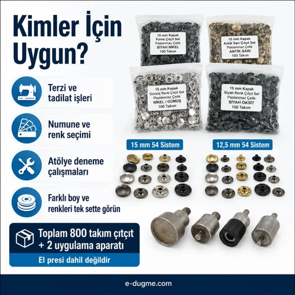 12,5 mm + 15 mm Paslanmaz Çıtçıt Renk ve Uygulama Seti – 8 Renk / 800 Takım + 2 Kalıp Dahil – El Presi Hariç SET-CITCIT-125-15-8RENK-800-KLP
