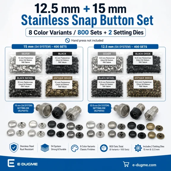 12,5 mm + 15 mm Paslanmaz Çıtçıt Renk ve Uygulama Seti – 8 Renk / 800 Takım + 2 Kalıp Dahil – El Presi Hariç SET-CITCIT-125-15-8RENK-800-KLP