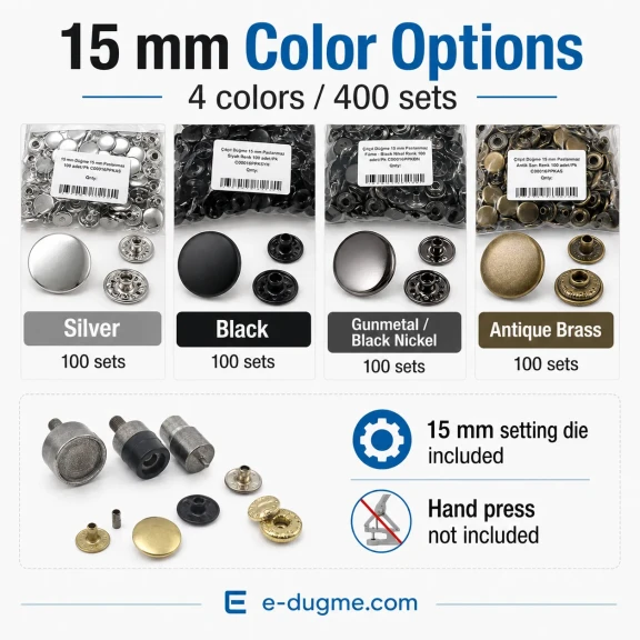 12,5 mm + 15 mm Paslanmaz Çıtçıt Renk ve Uygulama Seti – 8 Renk / 800 Takım + 2 Kalıp Dahil – El Presi Hariç SET-CITCIT-125-15-8RENK-800-KLP