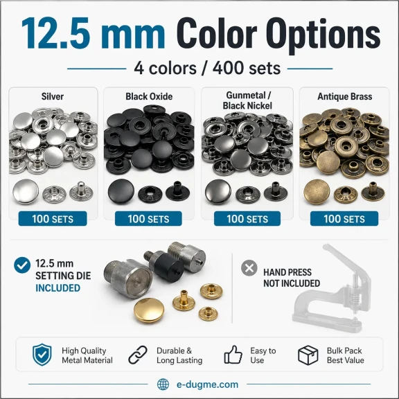 12,5 mm + 15 mm Paslanmaz Çıtçıt Renk ve Uygulama Seti – 8 Renk / 800 Takım + 2 Kalıp Dahil – El Presi Hariç SET-CITCIT-125-15-8RENK-800-KLP