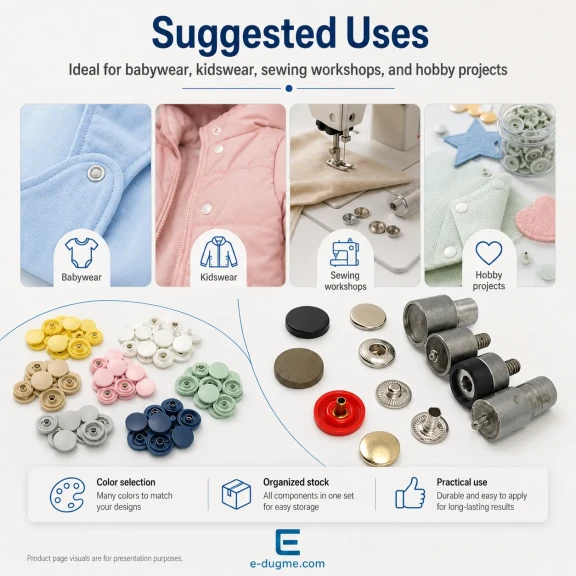 12,5 mm Plastik Kapaklı Çıtçıt Renk Seçim Seti – 12 Renk / 600 Takım – 54 Sistem Paslanmaz Alt Parça + Montaj Aparatı ve Set Kutusu Hediyeli SET-CITCIT-125PL-12RENK-600