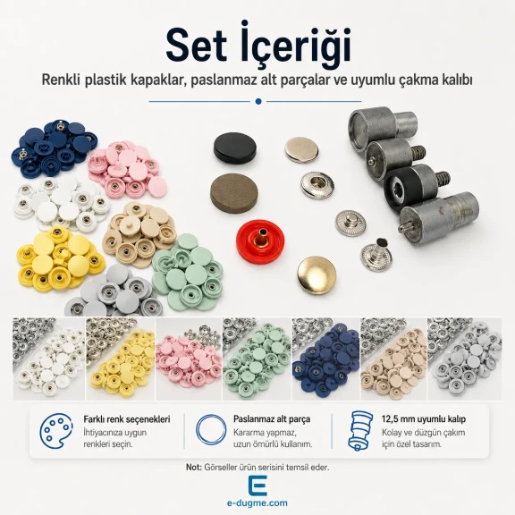 12,5 mm Plastik Kapaklı Çıtçıt Renk Seçim Seti – 12 Renk / 600 Takım – 54 Sistem Paslanmaz Alt Parça + Montaj Aparatı ve Set Kutusu Hediyeli SET-CITCIT-125PL-12RENK-600