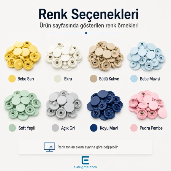 12,5 mm Plastik Kapaklı Çıtçıt Renk Seçim Seti – 12 Renk / 600 Takım – 54 Sistem Paslanmaz Alt Parça + Montaj Aparatı ve Set Kutusu Hediyeli SET-CITCIT-125PL-12RENK-600